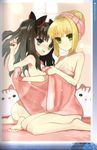  absurdres annoyed aqua_eyes barefoot black_hair blonde_hair bow cat clenched_hand fate/extra fate_(series) green_eyes highres kneeling long_legs looking_at_viewer multiple_girls nero_claudius_(fate) nero_claudius_(fate)_(all) nude scan stuffed_animal stuffed_toy toosaka_rin towel twintails wada_aruko 