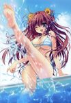  :d ;d absurdres arm_support asakura_karen barefoot bikini blue_eyes blush breasts brown_hair cleavage crease cube_(alma) daisy day dengeki_hime feet flower hair_flower hair_intakes hair_ornament hair_ribbon happy highres huge_filesize kicking kimi_to_boku_to_eden_no_ringo large_breasts leg_up legs long_hair long_legs motion_blur one_eye_closed open_mouth pool ribbon scan side-tie_bikini sideboob skindentation sky smile soles splashing strap_gap striped striped_bikini striped_swimsuit sunflower swimsuit thighs two_side_up underboob water 