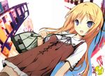  ahoge alternate_hairstyle bag blonde_hair blue_eyes casual copyright_name dutch_angle hair_down highres kikuchi_seiji konoe_subaru long_hair mayo_chiki! open_mouth smile solo 