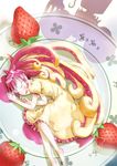  :d absurdres animal_ears barefoot closed_eyes daible dress food fork fruit highres in_food long_hair lying minigirl on_side open_mouth original pink_hair plate shadow sleeping smile solo strawberry tail 