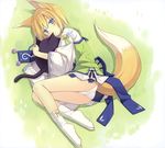  absurdres animal_ears ass bare_legs blonde_hair blue_eyes blush fixed fox_ears fox_tail full_body highres hug kuroino_(poco) looking_at_viewer lying no_pants on_grass on_side original panties poco_(asahi_age) scan shiratama_kitsune short_hair socks solo tabi tail underwear white_legwear white_panties 