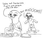  2019 anthro barefoot black_and_white cleaning clothed clothing dialogue duo english_text female food fuel_(artist) holding_object male mammal monochrome mother mother_and_son mustelid oliver_(fuel) otter parent plate simple_background sink son sponge standing tears text whiskers white_background young 