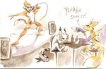  black_sclera bottle canine chest_tuft digimon doll ear_piercing ear_tuft etemon eyewear facial_markings female fox fur gatomon gloves iceandsnow male mammal markings microphone monzaemon orange orange_body piercing renamon singing sitting speaker speakers sunglasses tail tail_ring traditional_media tuft watercolor_(art) watercolour white white_body yellow yellow_fur 