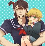  alternate_costume alternate_hairstyle barnaby_brooks_jr blonde_hair blush brown_eyes brown_hair child crossdressing facial_hair food green_eyes hair_bobbles hair_ornament holding kaburagi_t_kotetsu kurozusan male_focus multiple_boys necktie one_side_up school_uniform serafuku short_hair shorts side_ponytail stubble taiyaki tears tiger_&amp;_bunny time_paradox wagashi younger 