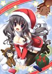  :d absurdres all_fours animal_costume bag black_hair black_legwear blue_eyes breasts chibi christmas cleavage gift gotou_nao hat high_heels highres itou_mikoto koiiro_soramoyou large_breasts long_hair long_sleeves mole open_mouth reindeer_costume santa_costume santa_hat shoes smile star tareme thighhighs utsumi_shizuna v_arms zettai_ryouiki 
