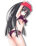  armpits arms_up bikini black_hair disc_cover front-tie_top green_eyes highres kore_wa_zombie_desu_ka? long_hair looking_back muririn seraphim_(kore_wa_zombie_desu_ka?) side-tie_bikini simple_background solo swimsuit third-party_edit undressing 