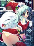  :o ass bell bent_over black_legwear blue_eyes blue_hair blush box christmas from_behind gate gift gift_box hat hole holly long_hair looking_back open_mouth original panties print_legwear sack santa_costume santa_hat shiramori_yuse snow snowflakes snowing solo thighhighs torn_sack underwear yellow_panties 