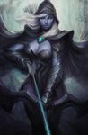  armor arrow blue_skin bow_(weapon) breasts cleavage cloak dark_elf defense_of_the_ancients dota_2 elf facial_mark gauntlets green_eyes highres large_breasts pointy_ears shoulder_pads signature solo stanley_lau traxex weapon white_hair 
