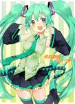  bad_id bad_pixiv_id blue_eyes blush boots detached_sleeves green_hair hatsune_miku highres long_hair necktie open_mouth skirt solo striped striped_background thigh_boots thighhighs twintails very_long_hair vocaloid yuzupon_(applemilk) 