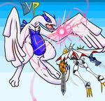  avian battle blue blue_belly cape digimon feral grey_eyes h_box horn legendary_pok&#233;mon lugia nintendo omegamon omnimon pok&#233;mon pok&eacute;mon spikes sword teeth video_games weapon white white_skin wings 