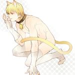  animal_ears blonde_hair cat_ears cat_tail collar earrings fate/zero fate_(series) fingerless_gloves gilgamesh gloves jewelry lowres male_focus pinki_(shounenkakuseiya) solo tail thighhighs 