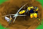  antennae arthropod battle bee beedrill beetle brown_background digimon digmon drill duo feral green_eyes h_box horn insect nintendo plain_background pok&#233;mon pok&eacute;mon red_eyes video_games wings 