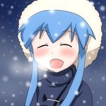  :d blue_hair breath closed_eyes coat hat ikamusume karuta_(karuta01) long_hair open_mouth shinryaku!_ikamusume sidelocks smile snow solo upper_body 
