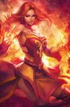  bare_shoulders bracelet breasts cleavage defense_of_the_ancients detached_sleeves dota_2 earrings facial_mark fire highres jewelry large_breasts lina_inverse_(dota_2) magic red_hair signature solo stanley_lau thighhighs 