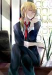  afuro_terumi androgynous blonde_hair clipboard colored_eyelashes crossed_legs desk formal inazuma_eleven_(series) inazuma_eleven_go komkomx long_hair looking_at_viewer male_focus necktie plant ponytail red_eyes sitting smile solo suit 