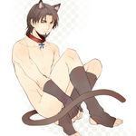  animal_ears brown_hair cat_ears cat_tail collar facial_hair fate/zero fate_(series) fingerless_gloves gloves goatee lowres male_focus nude pinki_(shounenkakuseiya) solo tail toosaka_tokiomi 