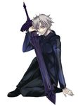  arondight fate/zero fate_(series) fu_yukari grey_hair hood hoodie male_focus matou_kariya solo sword weapon white_hair 