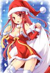  absurdres bag blush body_blush breasts christmas cleavage elbow_gloves fang garter_straps gloves hat highres hinomiya_ayari ko~cha legs medium_breasts open_mouth red_eyes red_hair santa_costume santa_hat snow solo tama_(happiness) thighhighs thighs white_legwear witch's_garden 