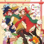  2boys alternate_costume bad_id bad_pixiv_id black_hair blue_eyes brown_hair cabbie_hat chikorita clothed_pokemon cyndaquil finger_to_mouth gen_2_pokemon gen_5_pokemon gift gold_(pokemon) green_eyes hair_ribbon hat hat_ribbon litwick multiple_boys neck_ribbon one_eye_closed pokemon pokemon_(creature) pokemon_(game) pokemon_hgss pomeko red_hair red_ribbon ribbon scarf shushing silver_(pokemon) thighhighs totodile winter_clothes 