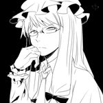  bespectacled black_background bow chamaruku chin_rest glasses gloves greyscale hair_bow hat long_hair lowres monochrome patchouli_knowledge simple_background solo touhou 