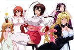  5girls absurdres blonde_hair blue_eyes breasts brown_hair cleavage female highres jpeg_artifacts kazehana kusano large_breasts long_hair looking_at_viewer matsu matsu_(sekirei) multiple_girls musubi official_art open_mouth overfiltered plant quintet red_hair screening sekirei simple_background smile thighhighs tomooka_shinpei tsukiumi white_background 