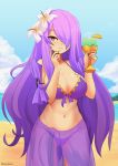  1girl artist_name beach bikini blue_sky breasts camilla_(fire_emblem_if) cleavage cloud cup day drinking_glass fire_emblem fire_emblem_heroes fire_emblem_if flower hair_flower hair_ornament hair_over_one_eye highres holding holding_cup kazu-koto large_breasts long_hair looking_at_viewer navel nintendo outdoors parted_lips purple_bikini purple_eyes purple_hair see-through sky solo standing swimsuit water 