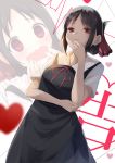  1girl bangs black_dress black_hair blush breasts commentary_request cowboy_shot dress eyebrows_visible_through_hair grin hair_ribbon hand_on_own_chin hand_up heart heart-shaped_pupils highres igakusei kaguya-sama_wa_kokurasetai_~tensai-tachi_no_renai_zunousen~ looking_at_viewer multiple_views open_mouth pinafore_dress red_eyes red_ribbon ribbon shinomiya_kaguya shirt short_hair short_sleeves sidelocks simple_background small_breasts smile standing symbol-shaped_pupils tied_hair translation_request wavy_mouth white_background white_shirt zoom_layer 