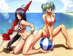  absurdres ball barefoot beach beachball bikini blue_eyes cleavage cloud female green_eyes green_hair highres ikkitousen kan'u_unchou kanu_unchou long_hair ocean overfiltered purple_hair ryofu_housen sand sky swimsuit swimsuits umbrella water 