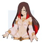  1girl bare_shoulders belt black_nails blue_eyes breasts brown_hair cleavage crow_(gravity_daze) detached_sleeves gravity_daze gravity_daze_2 hair_over_one_eye long_hair medium_breasts multicolored_hair nail_polish navel red_hair solo two-tone_hair 