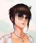  1girl bangs black_hair breasts brown_hair closed_mouth collarbone collared_shirt hair_up highres jewelry kit_park long_hair looking_at_viewer lynn_(mabinogi) mabinogi mabinogi_heroes mole mole_under_eye necklace portrait shirt sidelocks signature simple_background smile solo sunglasses tinted_eyewear white_shirt 