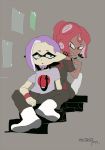  2boys black_pants black_shirt dark_skin dark_skinned_male facial_hair goatee grey_shirt ikkan_(splatoon) looking_at_viewer looking_back male_focus mentako_(mentaco) multiple_boys octarian pants pointy_ears purple_hair red_hair shirt skeleton_print smile splatoon splatoon_(series) splatoon_2 t-shirt tentacle_hair tentacle_piercing warabi_(splatoon) wristband 