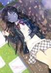  absurdres artist_name bangs bench black_legwear blazer brown_hair closed_eyes dappled_sunlight from_above grass highres jacket kurasawa_moko long_hair lying open_mouth original petals ribbon school_uniform skirt sleeping socks solo sunlight sweater_vest thigh_gap tree_shade 