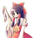  bow brown_eyes brown_hair collar detached_sleeves frills gohei hair_tubes hakurei_reimu kimarin long_sleeves red_bow ribbon-trimmed_sleeves ribbon_trim scot sidelocks simple_background solo stick touhou upper_body white_background 