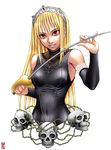  bangs black_dress blonde_hair crown detached_sleeves dress elbow_gloves gloves hat hime_(kaibutsu_oujo) kaibutsu_oujo long_hair looking_at_viewer rapier red_eyes shiraki_(artist) skull smile solo sword weapon 