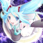  &gt;_&lt; :d animal aqua_hair beamed_eighth_notes bunny closed_eyes collared_shirt detached_sleeves eighth_note floating_hair frills grey_shirt hair_ornament hatsune_miku headphones long_hair minyo musical_note necktie open_mouth quarter_note sheet_music shirt smile solo star twintails vocaloid 