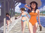  barefoot bikini blue_bikini blue_eyes brown_hair day flood glasses hand_on_headwear hat holding holding_shoes long_hair multiple_girls naruko_hanaharu one-piece_swimsuit orange_swimsuit original ponytail purple_hair school_swimsuit shoes short_hair side-tie_bikini straw_hat string_bikini sun_hat swimsuit train_station water 