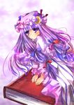  aquamarine bangs blunt_bangs blush book crescent dress frills hat long_sleeves looking_at_viewer mob_cap own_hands_together patchouli_knowledge purple_dress purple_eyes purple_hair solo striped touhou v_arms vertical_stripes 