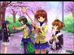  antenna_hair blush brown_eyes brown_hair camcorder camera cardcaptor_sakura cherry_blossoms clannad crossover daidouji_tomoyo furukawa_nagisa green_eyes hair_bobbles hair_ornament hairband hairclip hikarizaka_private_high_school_uniform hoshi_no_tsue ibuki_fuuko kinomoto_sakura long_hair low-tied_long_hair magical_girl multiple_girls mutsuki_(moonknives) object_namesake pantyhose school_uniform skirt starfish tomoeda_elementary_school_uniform wand 