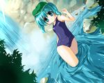  bad_id bad_pixiv_id blue_eyes blue_hair dutch_angle flat_chest hat kawashiro_nitori kobanzame looking_at_viewer one-piece_swimsuit school_swimsuit short_hair solo swimsuit touhou twintails two_side_up wading water waterfall 