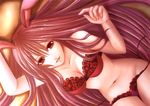  animal_ears banned_artist bra breasts bunny_ears cleavage collarbone dutch_angle from_above groin lace lace-trimmed_bra lace-trimmed_panties large_breasts lingerie long_hair lying navel on_back panties parted_lips pink_hair print_bra print_panties red_eyes reisen_udongein_inaba side-tie_panties solo touhou underwear underwear_only untied very_long_hair yuuka_nonoko 