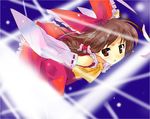  ascot bare_shoulders bow brown_eyes brown_hair collar detached_sleeves dress floating_hair flying frills full_body hair_bow hair_tubes hakurei_reimu long_sleeves looking_at_viewer red_bow red_dress ribbon-trimmed_sleeves ribbon_trim shige sidelocks solo touhou 