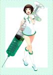  boots brown_hair copyright_request large_syringe nurse oversized_object rakuraku short_hair solo syringe 