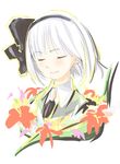  ^_^ black_hairband blush closed_eyes flower hairband konpaku_youmu short_hair silver_hair simple_background smile solo touhou upper_body white_background yakepu 