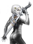  bodysuit copyright_request f3 highres red_eyes sheath silver_hair solo sword unsheathing weapon 