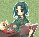  animal asa_no_ha_(pattern) blush book copyright_request eating green_background green_eyes green_hair hairband japanese_clothes kimono looking_at_viewer outline pillow striped suzushiro_kurumi vertical_stripes 