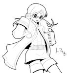  adjusting_eyewear book boots coat copyright_request glasses greyscale itou_life miniskirt monochrome skirt solo thigh_boots thighhighs zettai_ryouiki 