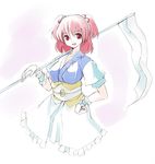  :d cropped_legs japanese_clothes kimono looking_at_viewer obi onozuka_komachi open_mouth pink_background puffy_short_sleeves puffy_sleeves red_eyes red_hair sash scythe seo_tatsuya short_sleeves simple_background smile solo standing touhou 