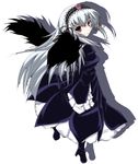  black_dress black_wings chu dress frilled_sleeves frills from_behind full_body gothic_lolita hairband lolita_fashion lolita_hairband long_hair long_sleeves looking_at_viewer looking_back pink_eyes rozen_maiden silver_hair simple_background solo suigintou white_background wings 