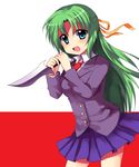  bow green_eyes green_hair hair_bow half_updo higurashi_no_naku_koro_ni knife long_hair school_uniform skirt solo sonozaki_shion standing subaru_(yachika) 