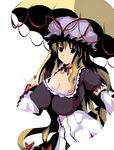  arao bad_id bad_pixiv_id bangs bow breasts choker cleavage corset covered_nipples detached_sleeves dress flat_color gap hair_bow hat hat_ribbon hips large_breasts long_hair looking_at_viewer parasol pinky_out puffy_nipples ribbon ribbon_choker simple_background smile solo touhou umbrella very_long_hair white_background yakumo_yukari yellow_eyes 